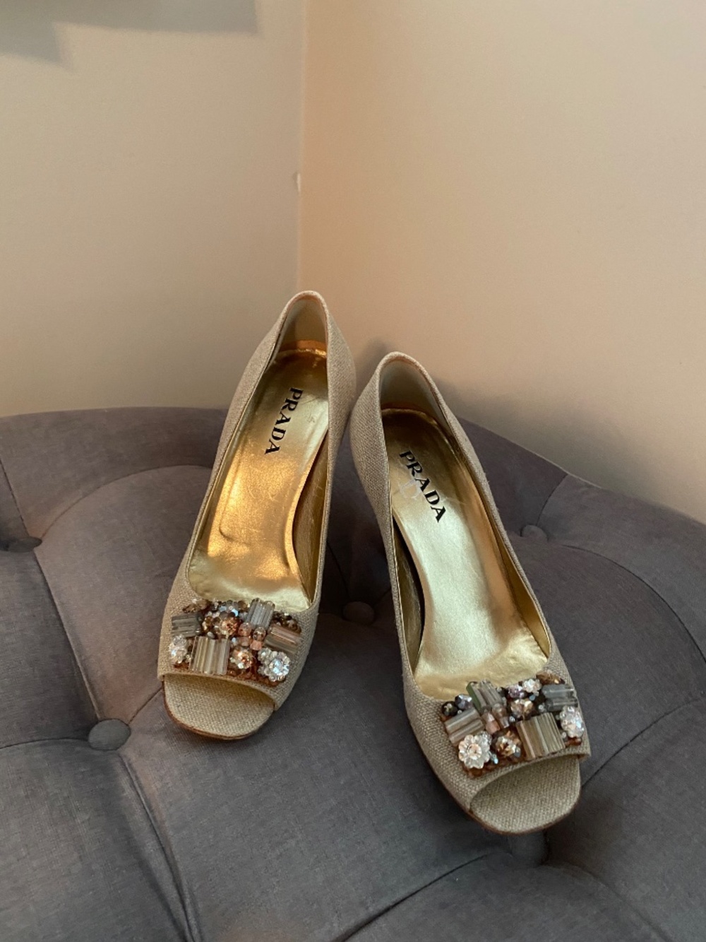 $1295 Prada Linen Tweed Embellished Peep Jeweled & Beaded Toe Pumps Heels